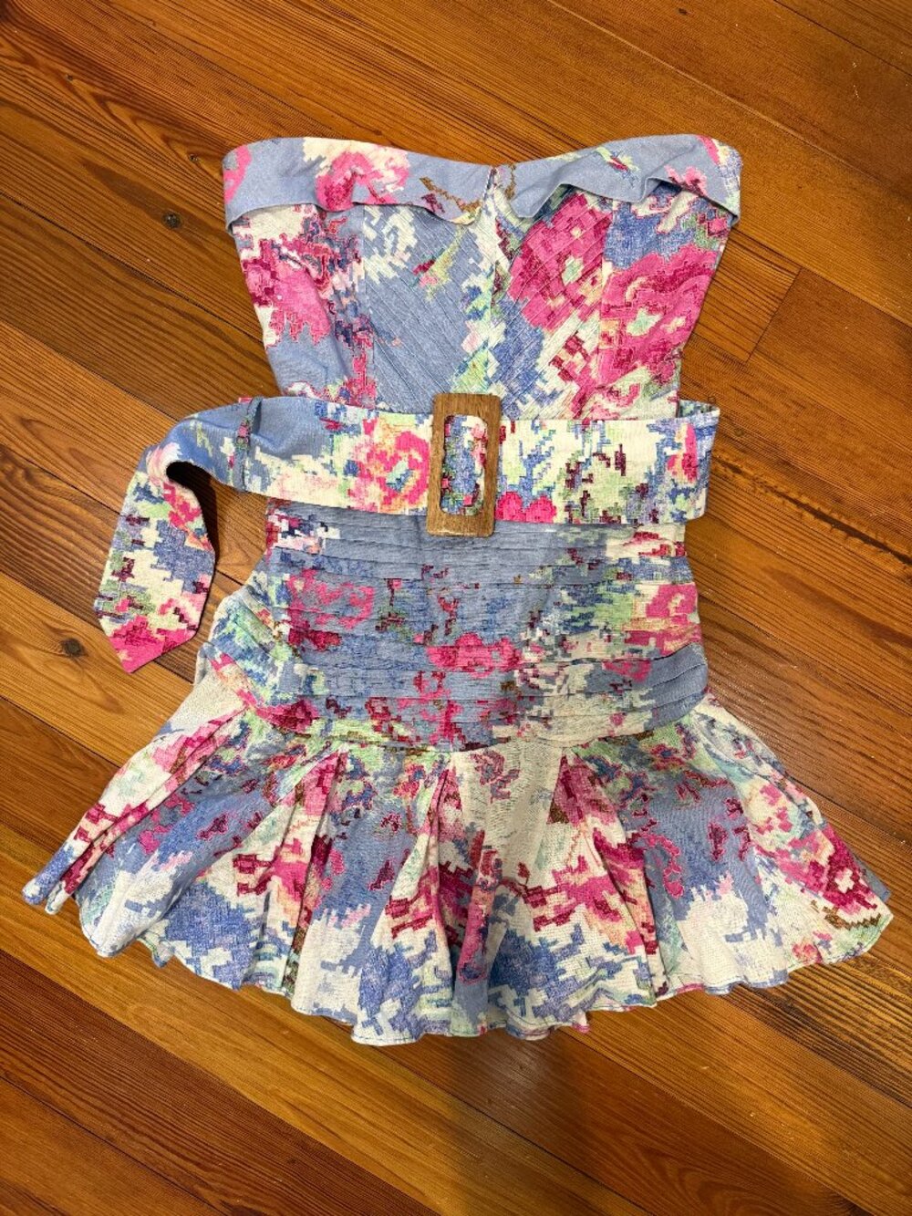 HEMANT & NANDITA Floral Strapless Belted Ruffled Mini Dress Blue Multi